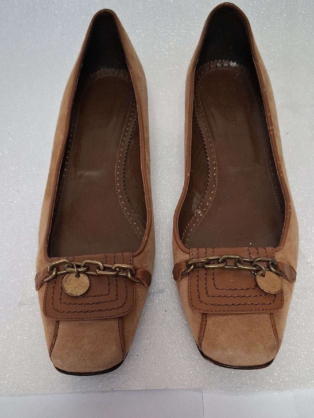Women’s Tan Suede Chain-Accent Ballet Flats